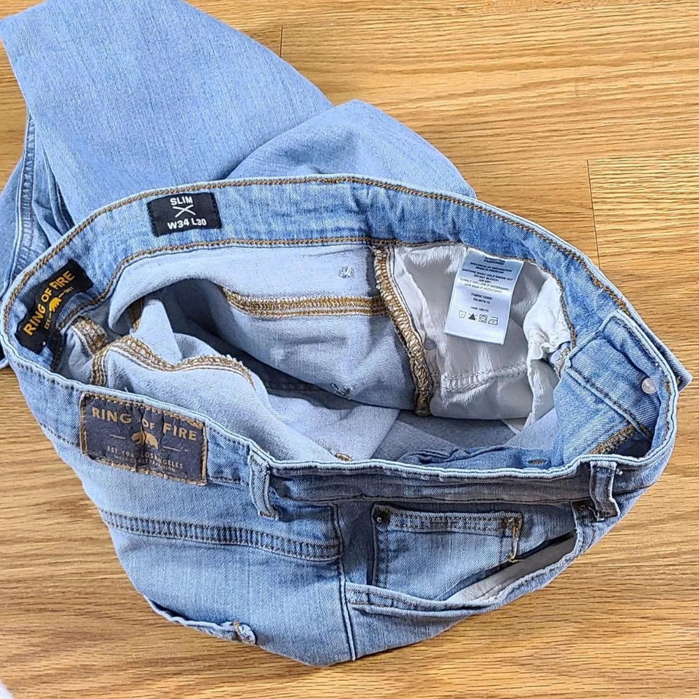 RING OF FIRE 34x28 FADED LIGHT WASH, DISTRESSED, NEW FEEL SLIM MEN'S JEANS